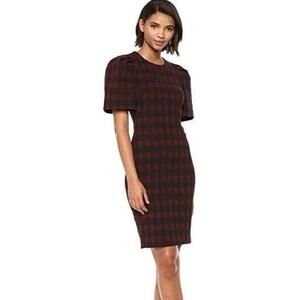 NWOT Calvin Klein Buffalo Check Puff Sleeve Sheath Dress Maroon And Black Size 4